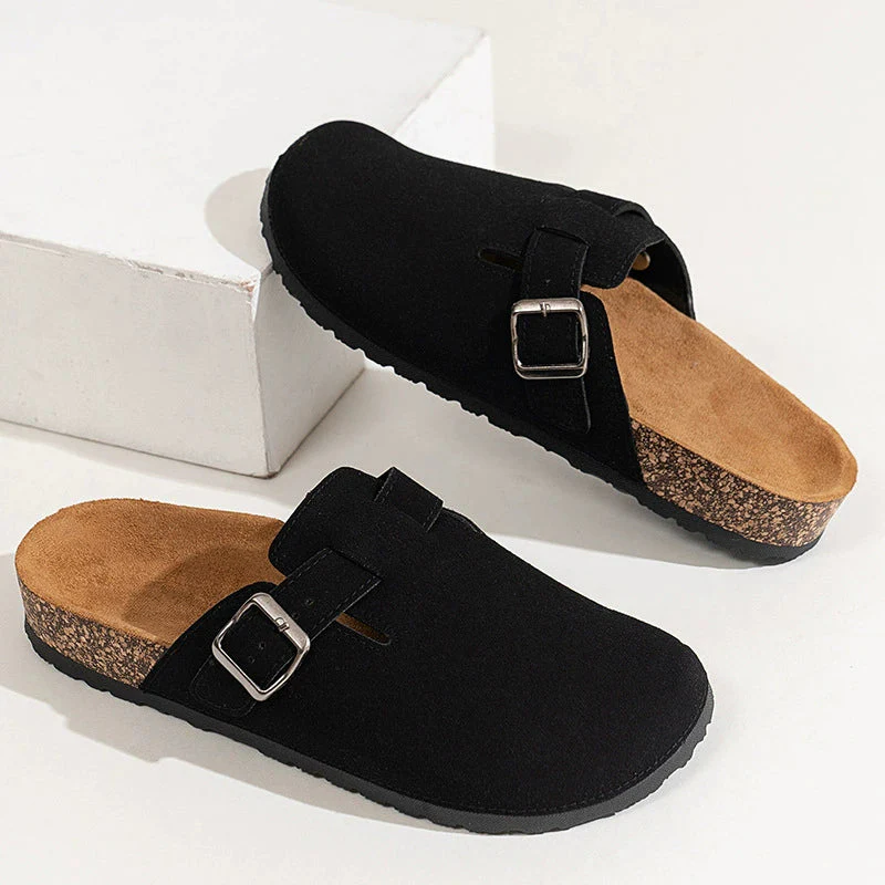 Luna Adjustable Buckle Clogs – Suede Finish – Cork Footbed – Casual Slip-On Comfort