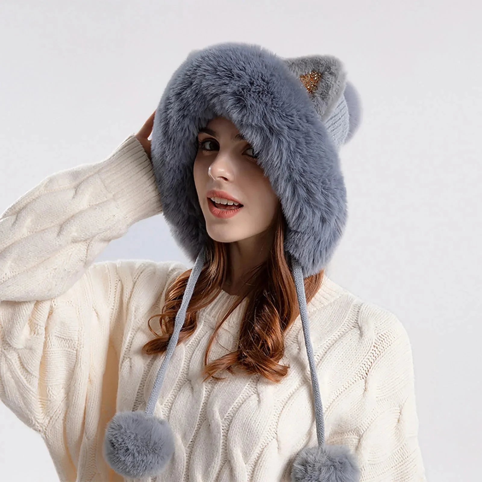 Cat Ear Pom-Pom Ear Flap Trapper Hat for Women – Cozy Winter Warmth - Image 3