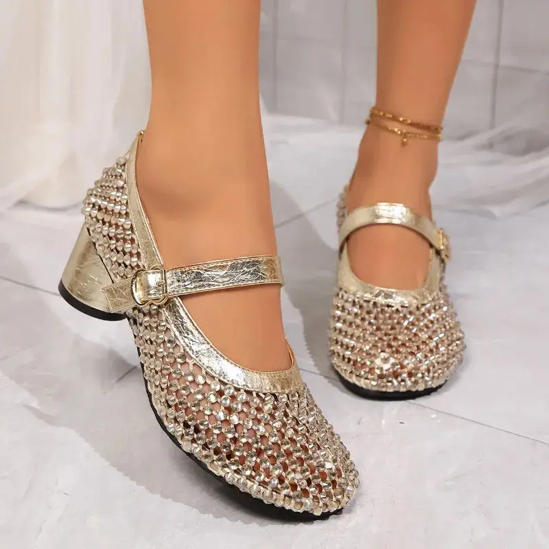 Chic Cutout Heels for Women – Stylish Black & Gold Design with Secure Buckle Closure