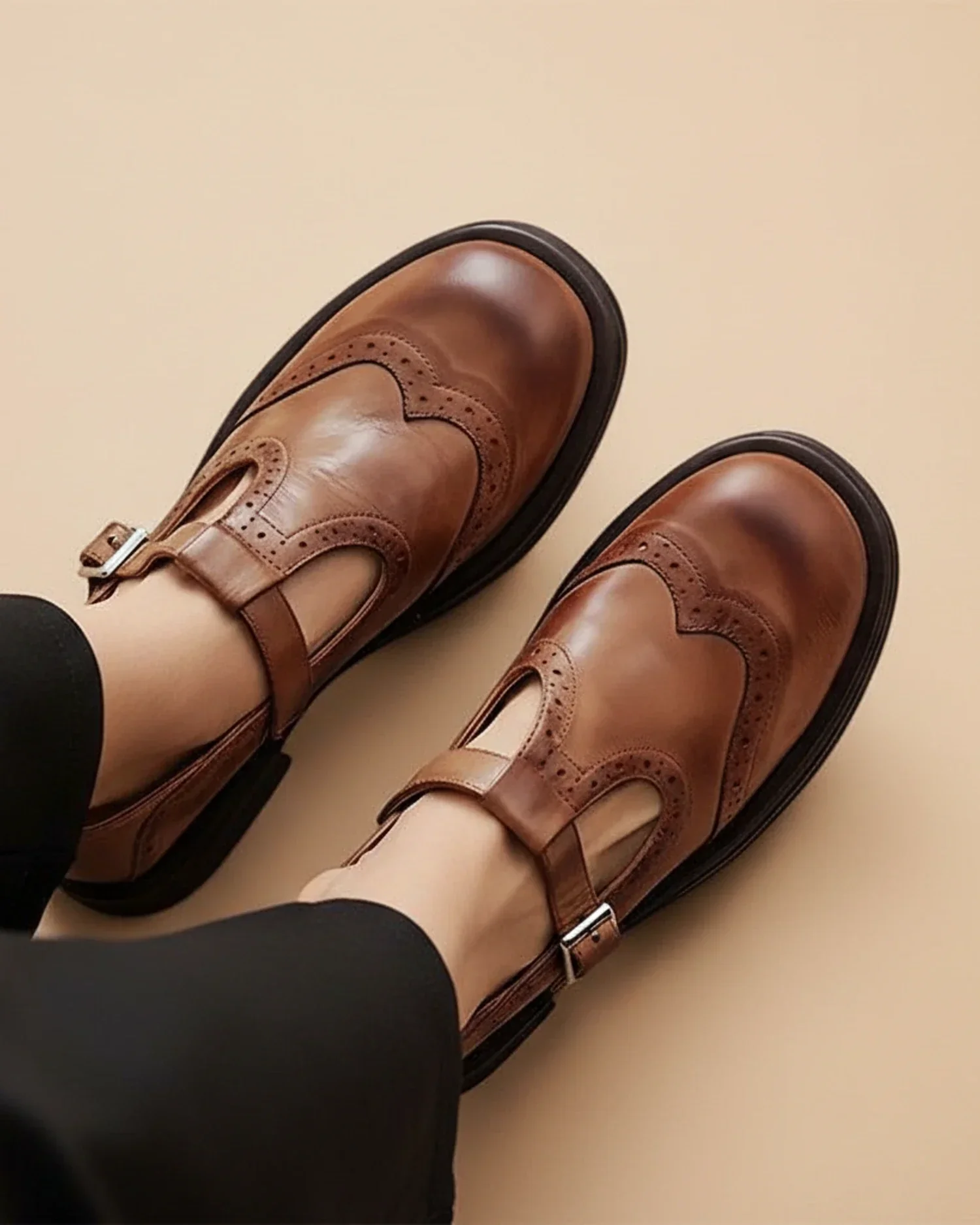 Chunky Sole Brogue Ankle-Strap Mary Jane T-Strap Shoes for Women – Orthopedic Comfort & Support