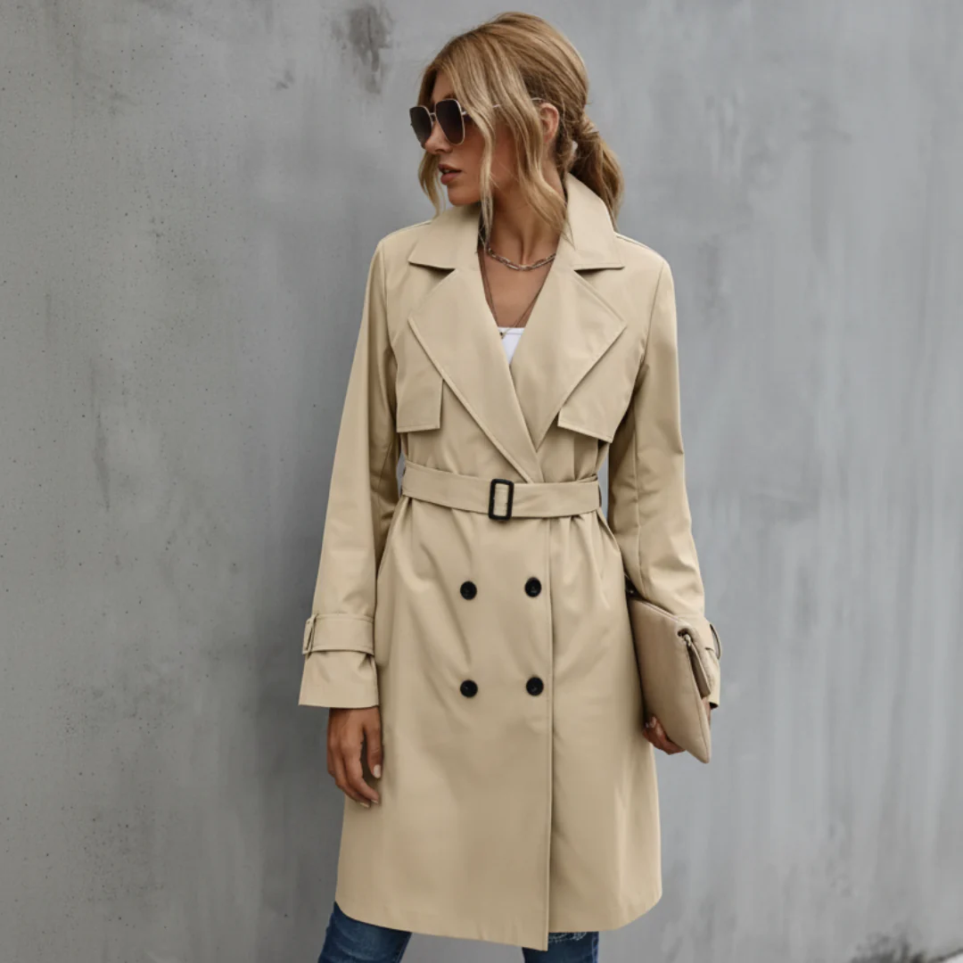 Double Breasted Belted Knee-Length Trench Coat for Women – Timeless Elegant Style - Image 2