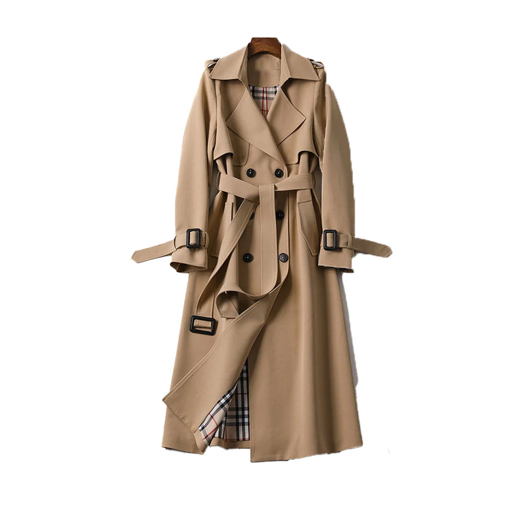 Double-Breasted Belted Mid-Calf Trench Coat for Women – Stylish & Functional Design
