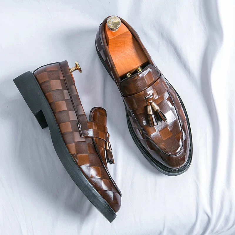 Embossed Check Tassel Loafers for Men – Classic Elegant Style - Image 10