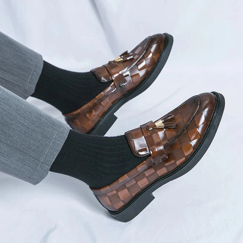 Embossed Check Tassel Loafers for Men – Classic Elegant Style - Image 3