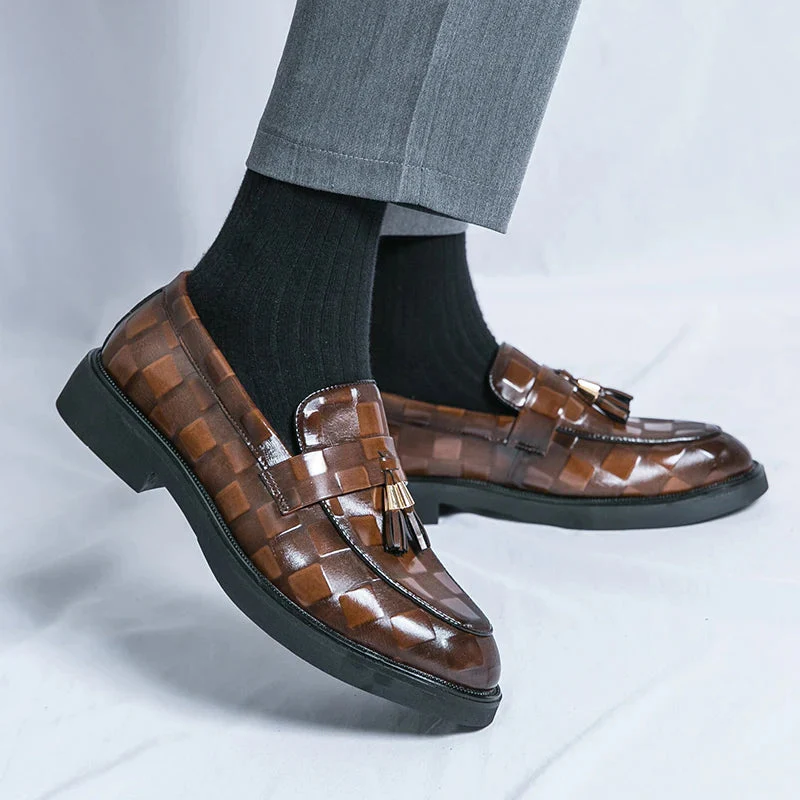 Embossed Check Tassel Loafers for Men – Classic Elegant Style - Image 4