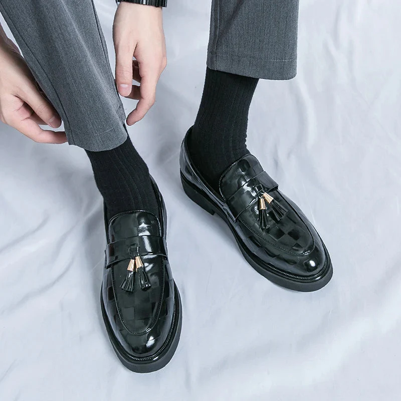 Embossed Check Tassel Loafers for Men – Classic Elegant Style - Image 6