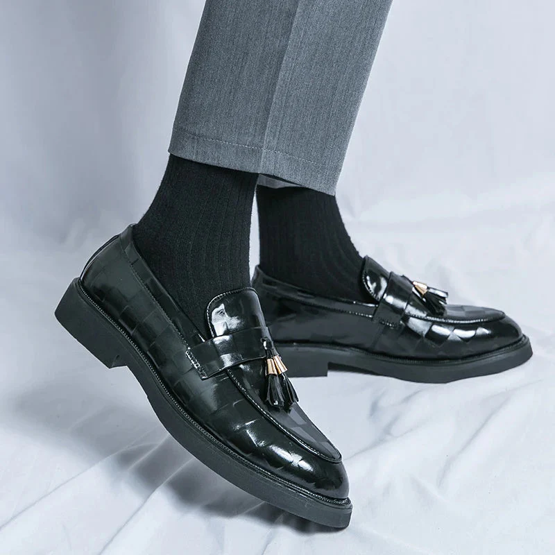 Embossed Check Tassel Loafers for Men – Classic Elegant Style - Image 8
