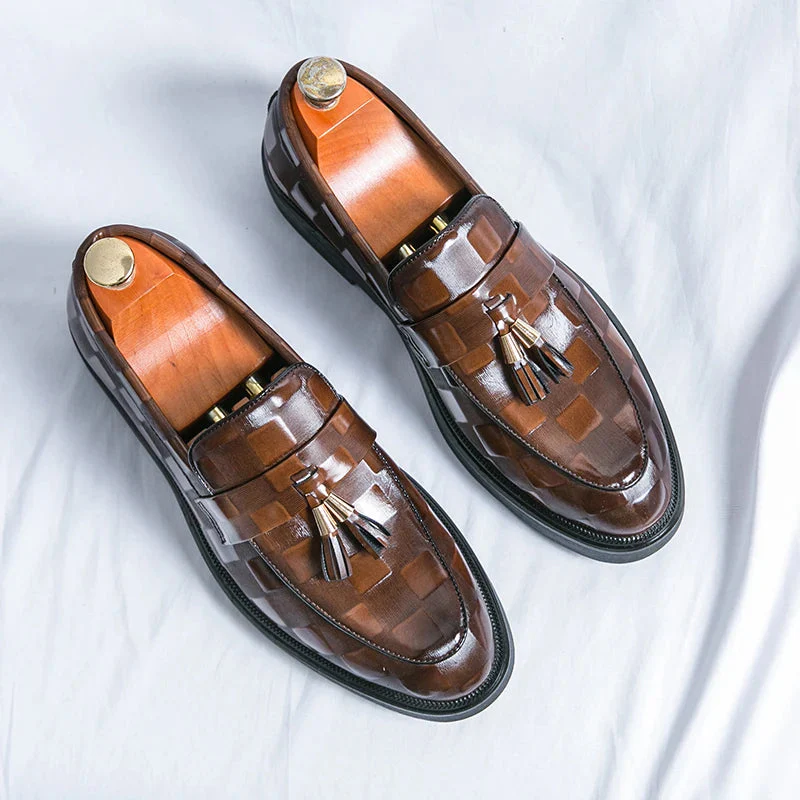 Embossed Check Tassel Loafers for Men – Classic Elegant Style - Image 9