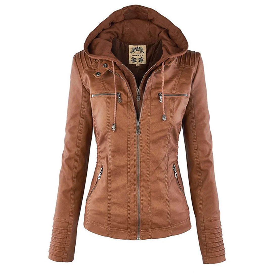 Fitted Hooded Biker Jacket for Women – Stylish & Functional Design