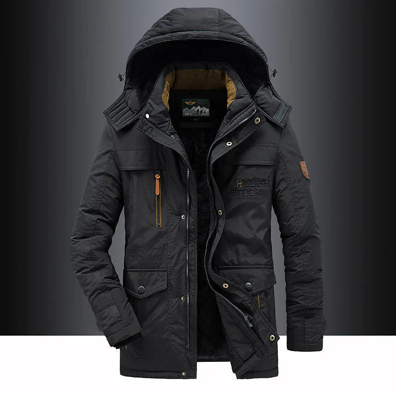 Fleece-Lined Hooded Thigh-Length Parka for Men – Warmth & Functional Design