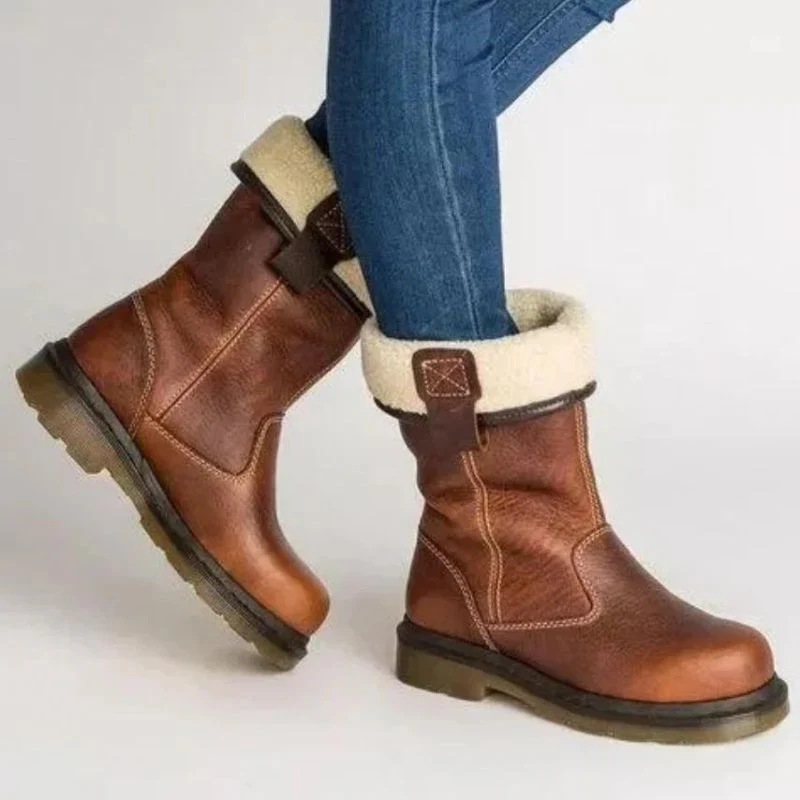 Fleece Lined Mid-Calf Leather Boots for Women – Cozy Stylish Comfort