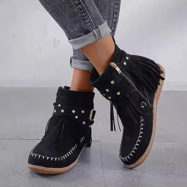 Fringe Buckle Boots for Women – Edgy & Versatile Black Style - Image 3