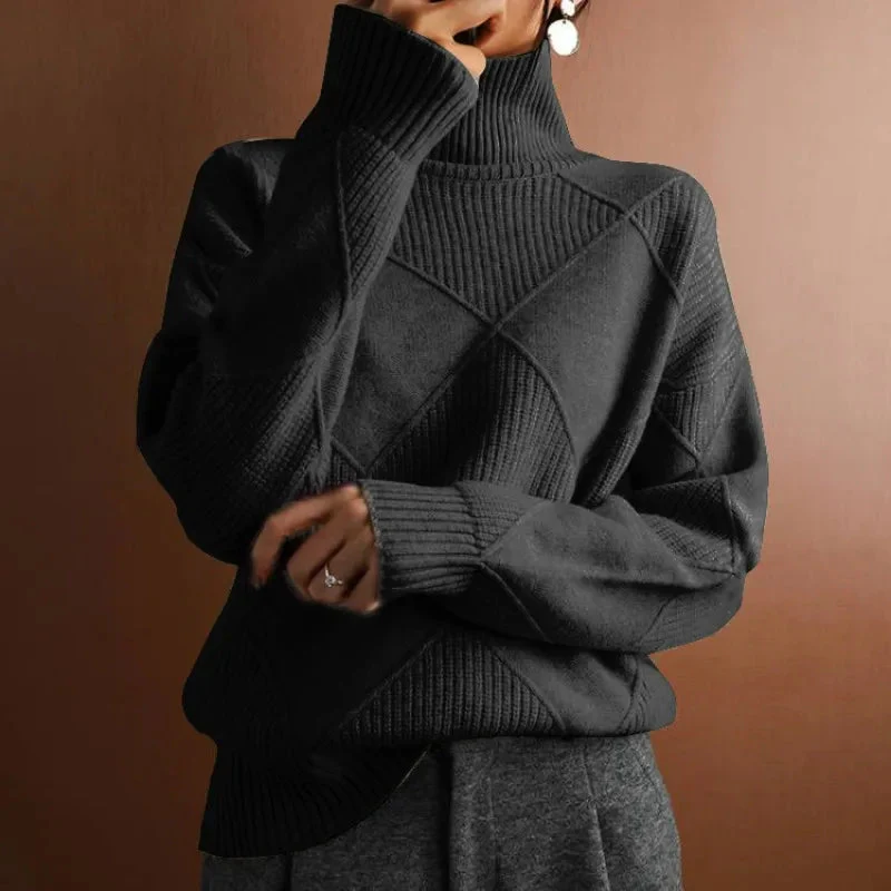 Geometric Ribbed Relaxed Fit Turtleneck Sweater for Women – Cozy & Stylish Everyday Wear - Image 3