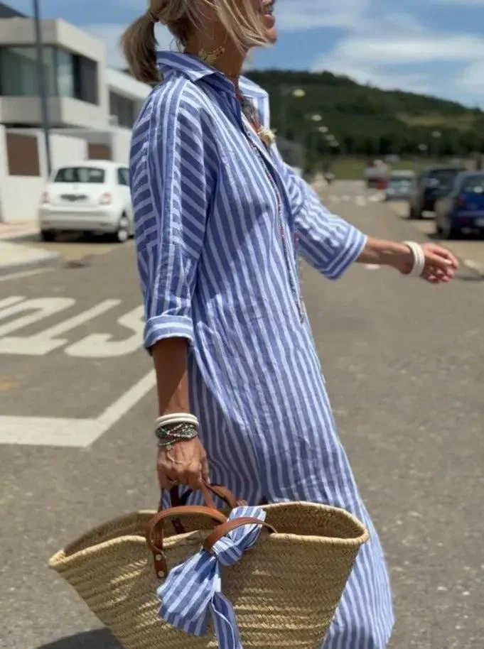 High-Low Striped Shirt Dress for Women – Effortlessly Stylish & Versatile - Image 2