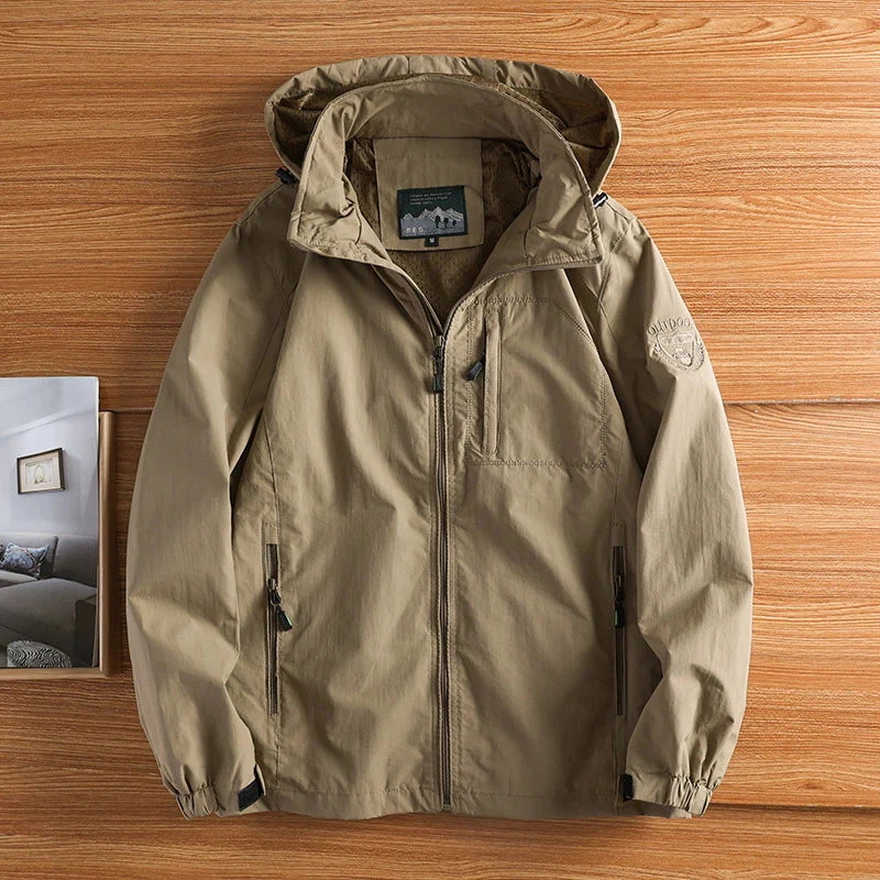 Hooded Full-Zip Hip-Length Hiking Jacket for Men – Durable & Functional Design