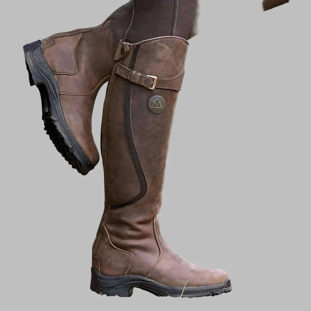Knee-Length Distressed Leather Hiking Boots for Women – Buckled Strap Design
