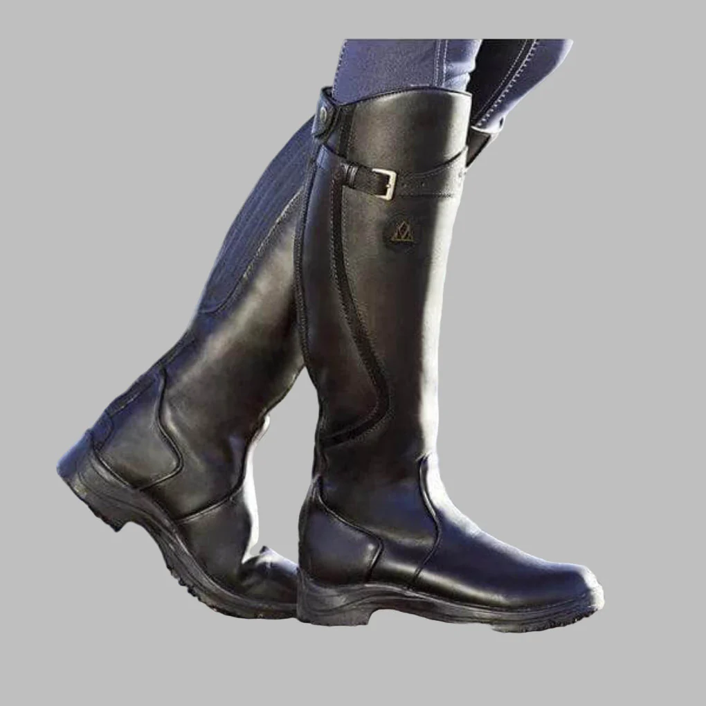 Knee-Length Distressed Leather Hiking Boots for Women – Buckled Strap Design - Image 2