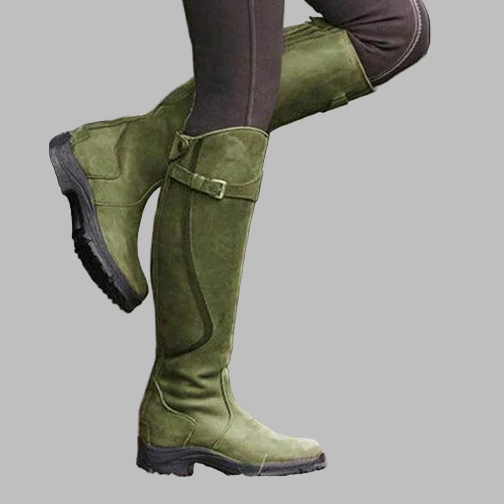 Knee-Length Distressed Leather Hiking Boots for Women – Buckled Strap Design - Image 5