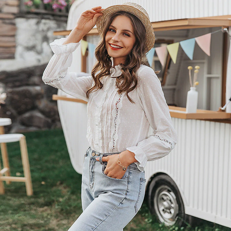 Lace Trim Long Sleeve Blouse for Women – Elegant White Button-Down Top - Image 3