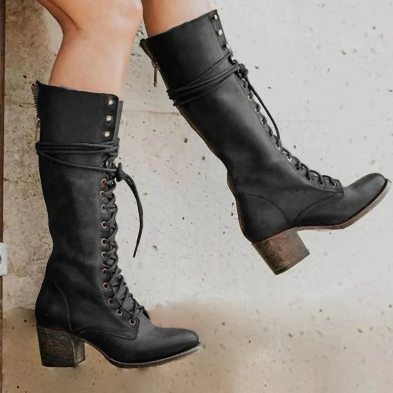 Lace-Up Block Heel Knee-High Boots for Women – Stylish & Supportive Design