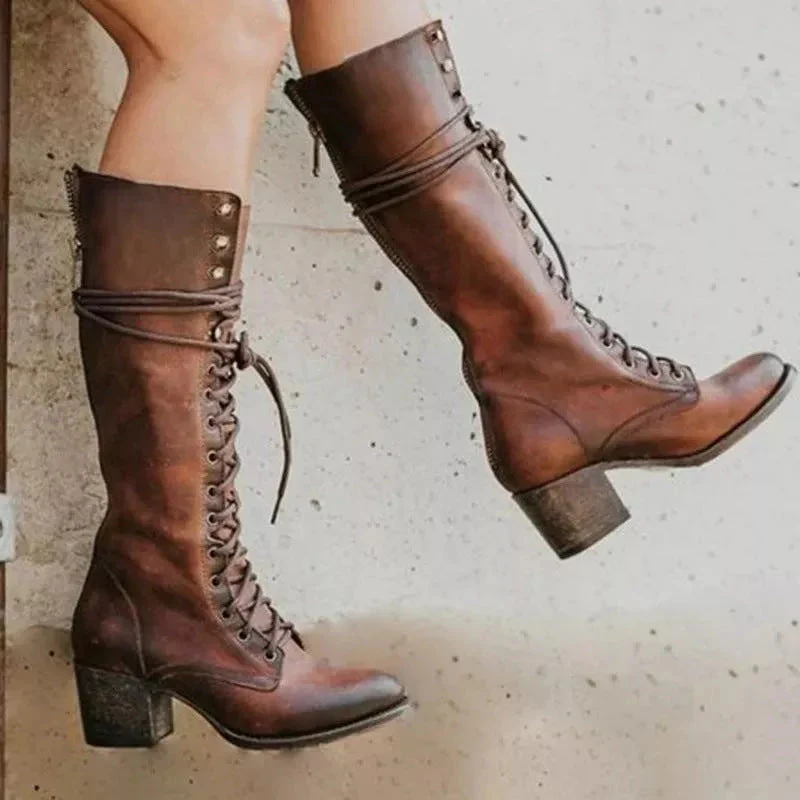 Lace-Up Block Heel Knee-High Boots for Women – Stylish & Supportive Design - Image 3