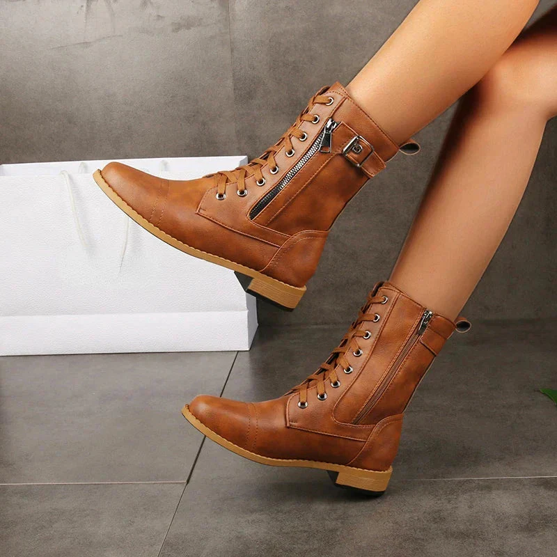 Lace-Up Buckle Mid-Calf Combat Boots for Women – Stylish & Durable Design