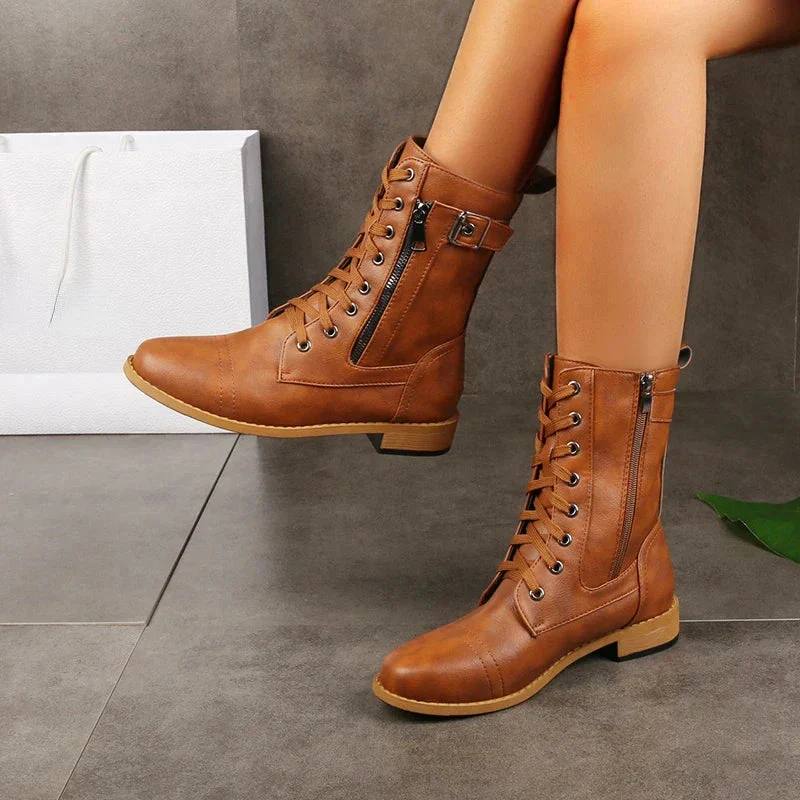 Lace-Up Buckle Mid-Calf Combat Boots for Women – Stylish & Durable Design - Image 2