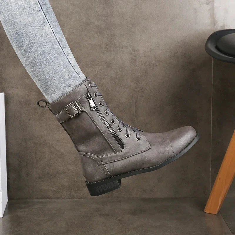 Lace-Up Buckle Mid-Calf Combat Boots for Women – Stylish & Durable Design - Image 5