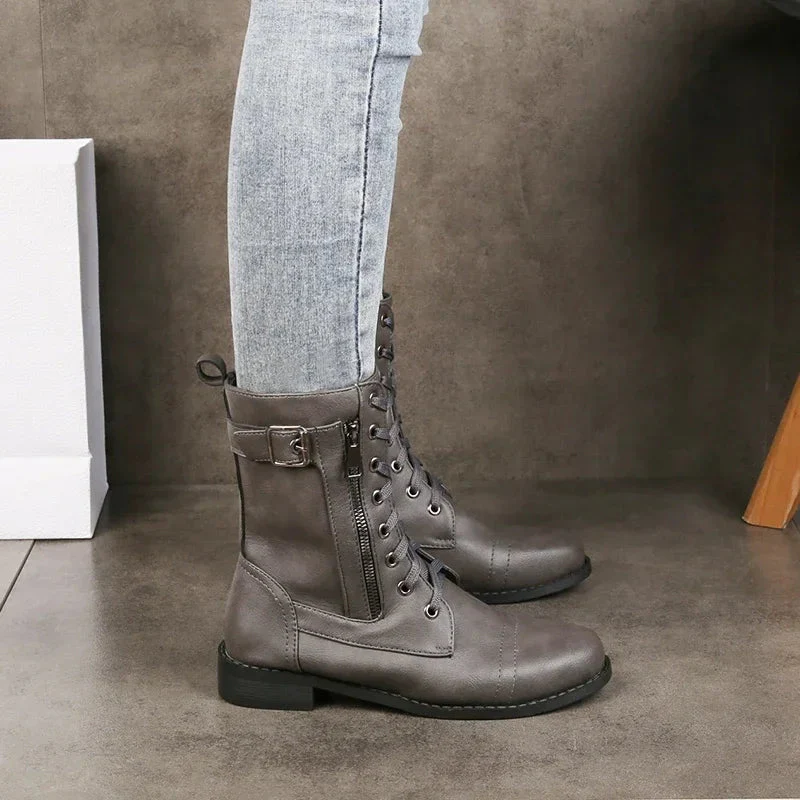 Lace-Up Buckle Mid-Calf Combat Boots for Women – Stylish & Durable Design - Image 6