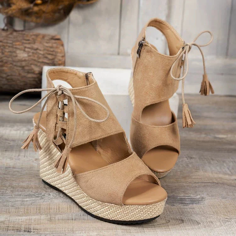 Lace-Up Peep-Toe Wedge Sandals for Women – Stylish Height & All-Day Comfort
