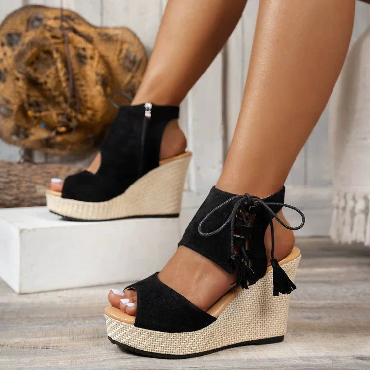 Lace-Up Peep-Toe Wedge Sandals for Women – Stylish Height & All-Day Comfort - Image 2