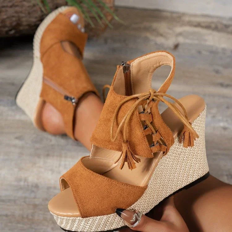 Lace-Up Peep-Toe Wedge Sandals for Women – Stylish Height & All-Day Comfort - Image 4