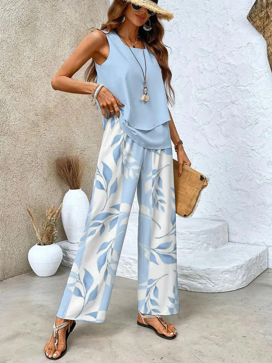 Layered Top and Wide-Leg Trousers Set for Women – Effortless Summer Style in Plus Size - Image 2