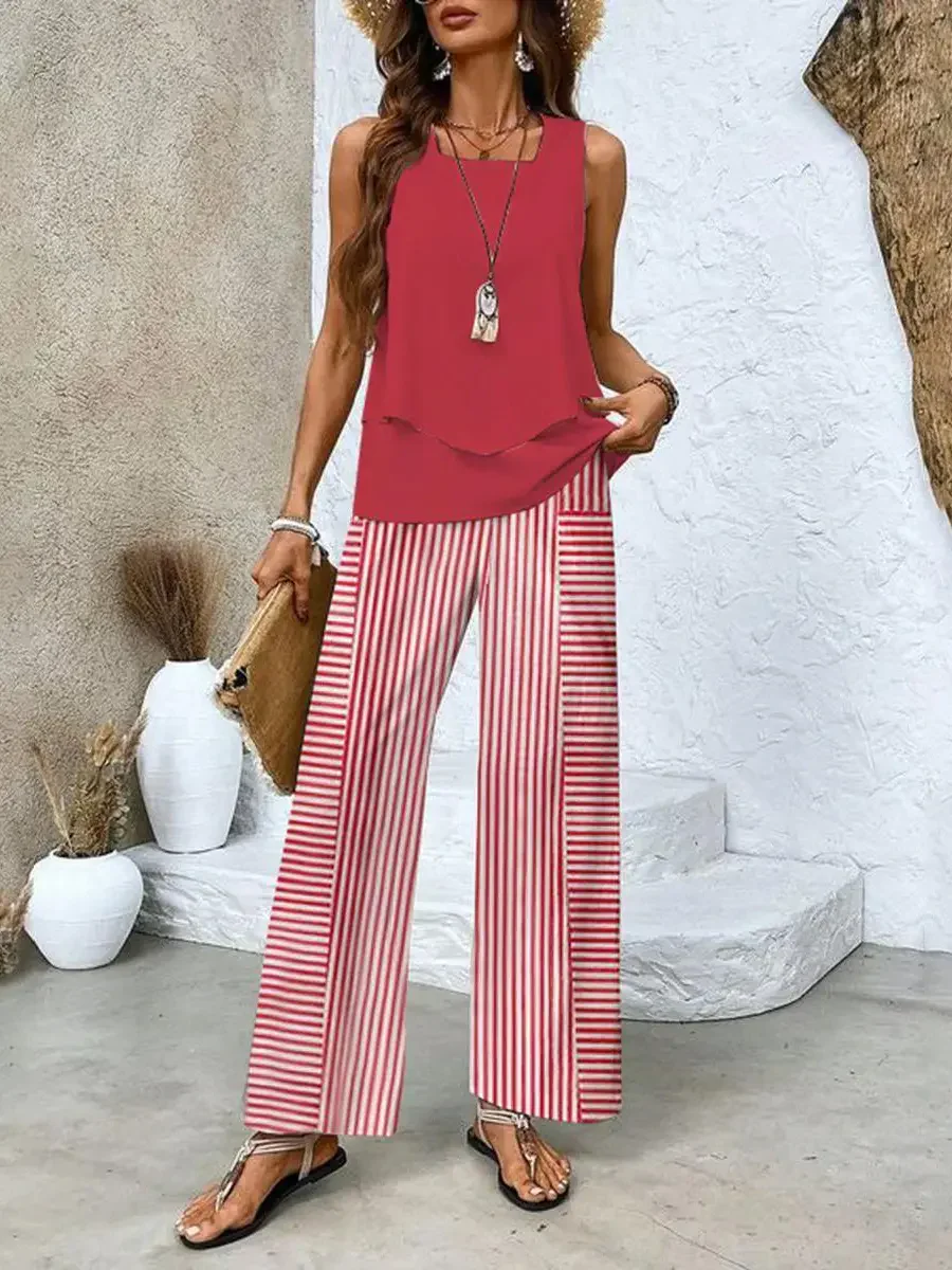 Layered Top and Wide-Leg Trousers Set for Women – Effortless Summer Style in Plus Size - Image 4