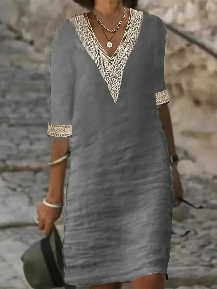Linen Blend V-Neck Dress for Women – Effortlessly Chic & Comfortable Summer Style - Image 2