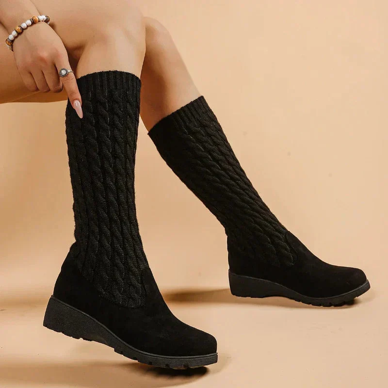 Wedge Mid-Calf Cable Knit Boots for Women – Supportive & Cozy Design