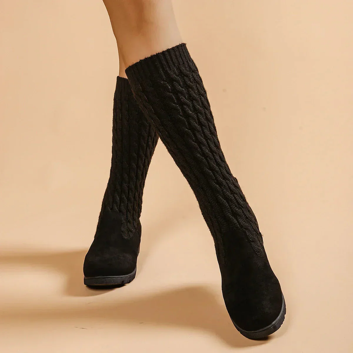 Wedge Mid-Calf Cable Knit Boots for Women – Supportive & Cozy Design - Image 5