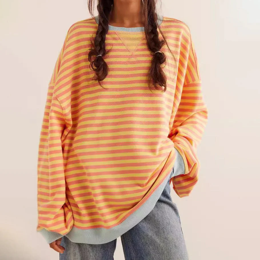 Oversized Ribbed Striped Tunic Sweatshirt for Women – Cozy Casual Comfort