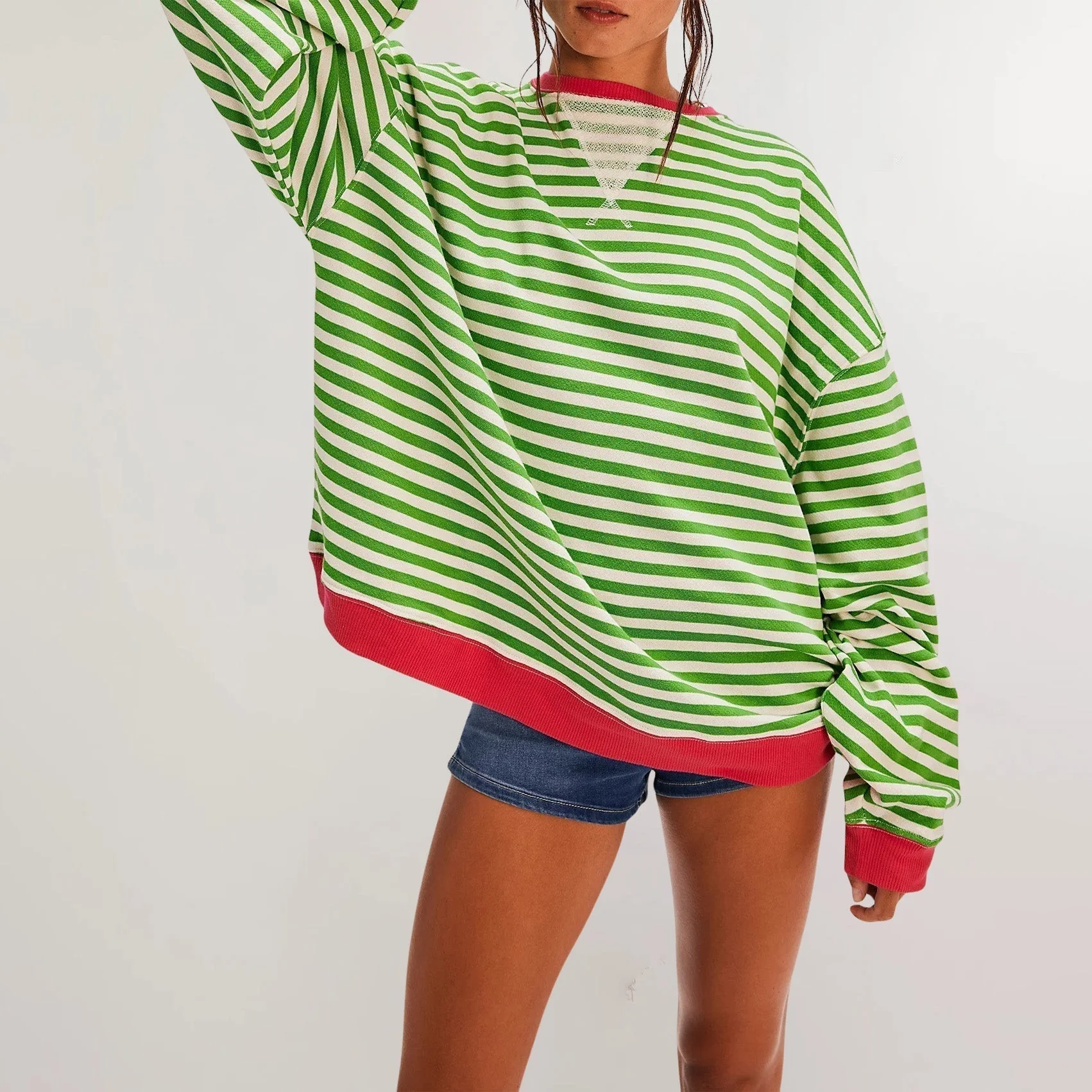 Oversized Ribbed Striped Tunic Sweatshirt for Women – Cozy Casual Comfort - Image 4