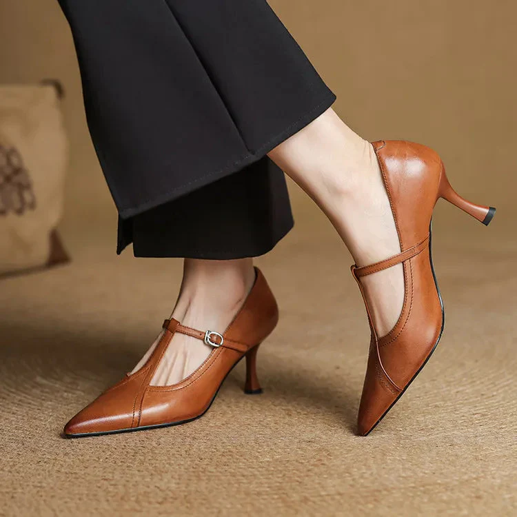 Pointed Toe T-Strap Ankle-Heels for Women – Elegant & Supportive Design