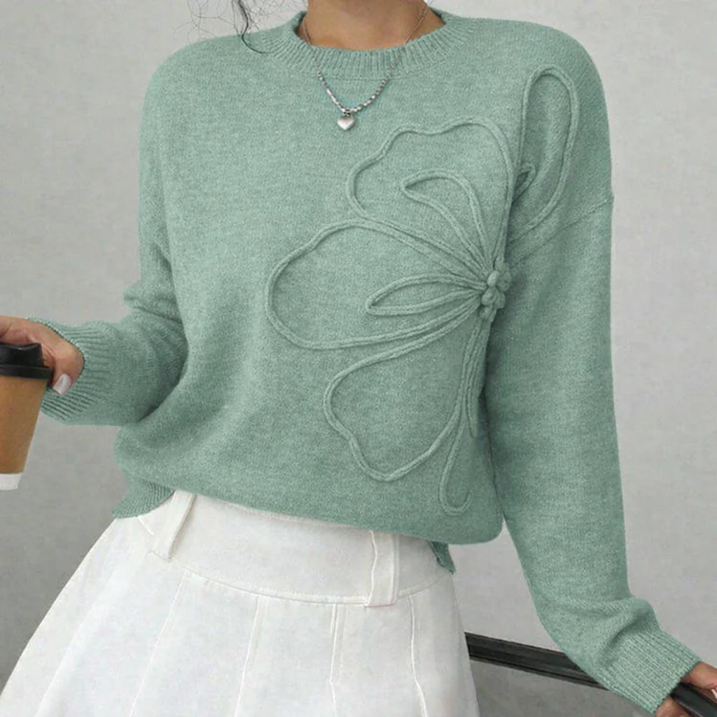 Relaxed Fit Embossed Floral Pullover Sweater for Women – Cozy & Stylish Design - Image 3