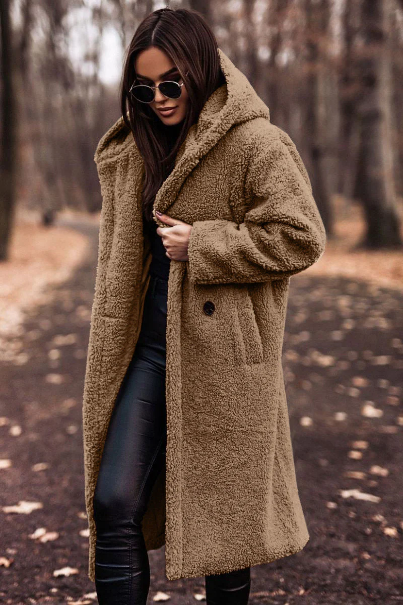Relaxed Fit Mid-Calf Hooded Coat for Women – Cozy Casual Comfort - Image 11