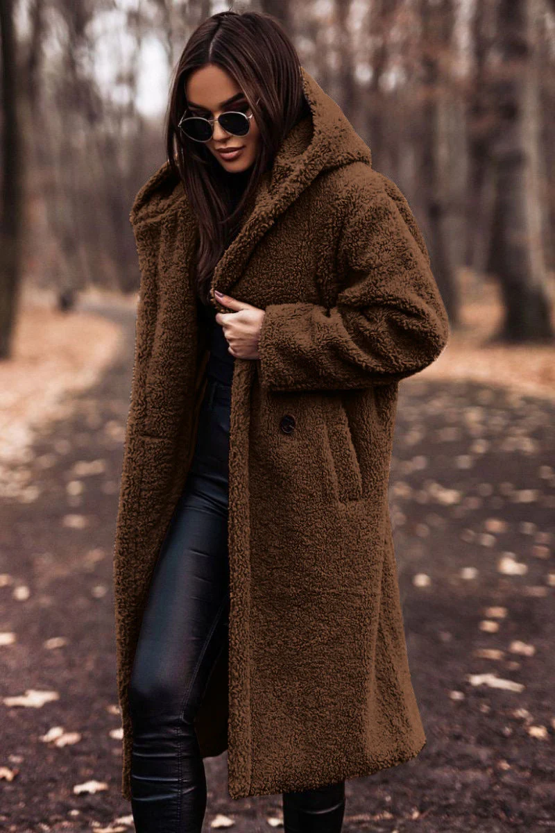 Relaxed Fit Mid-Calf Hooded Coat for Women – Cozy Casual Comfort - Image 4