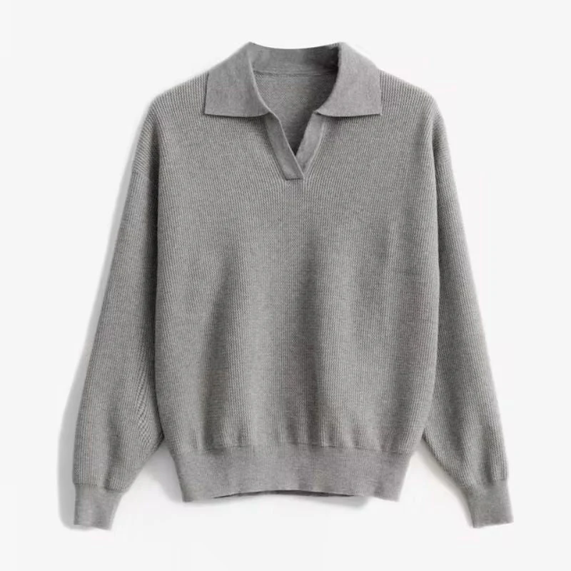 Relaxed Fit Ribbed Collared V-Neck Pullover Sweater for Women – Cozy Casual Comfort