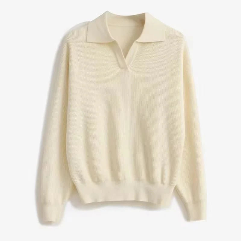 Relaxed Fit Ribbed Collared V-Neck Pullover Sweater for Women – Cozy Casual Comfort - Image 3