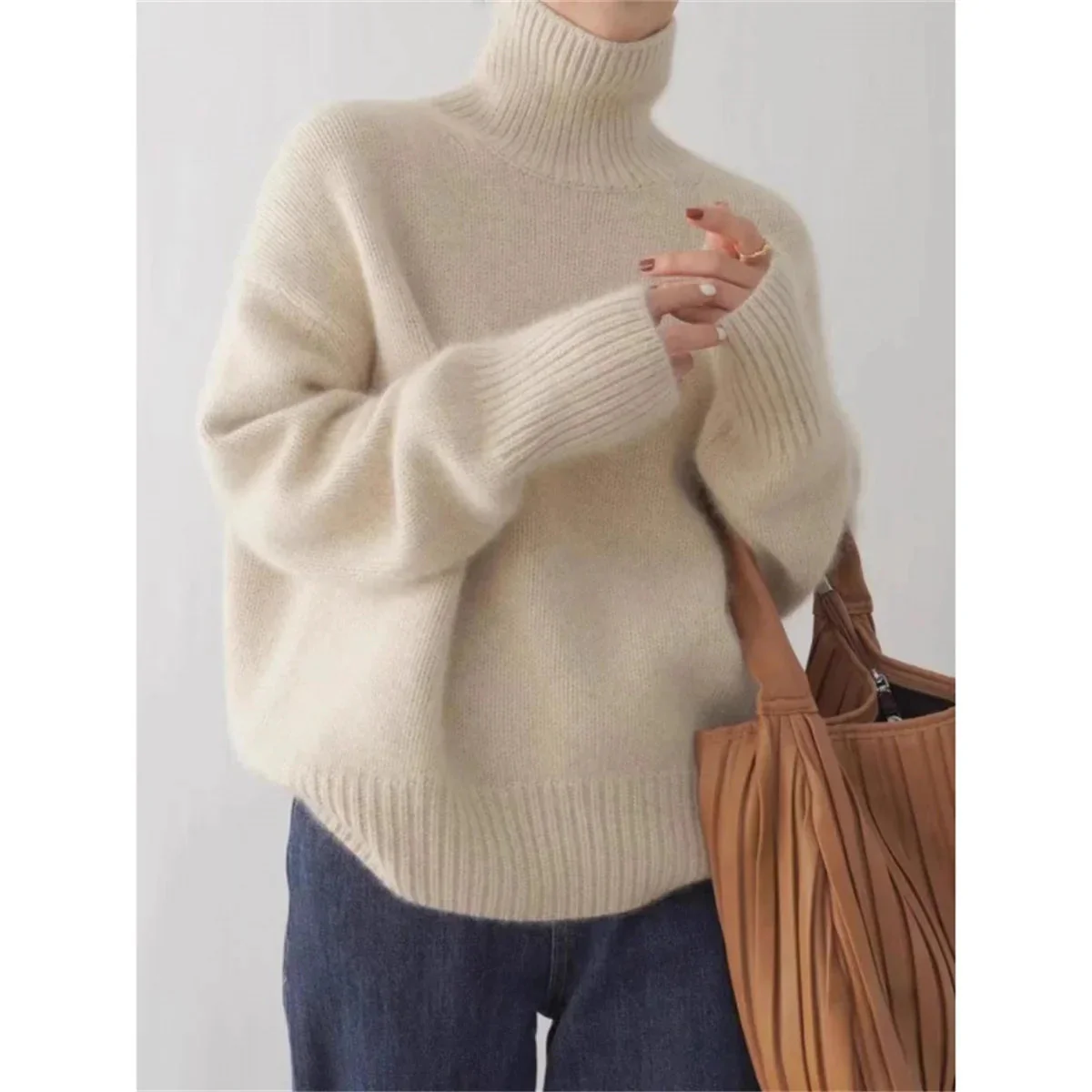 Relaxed Fit Ribbed Hip-Length Turtleneck Sweater for Women – Cozy Casual Comfort - Image 2
