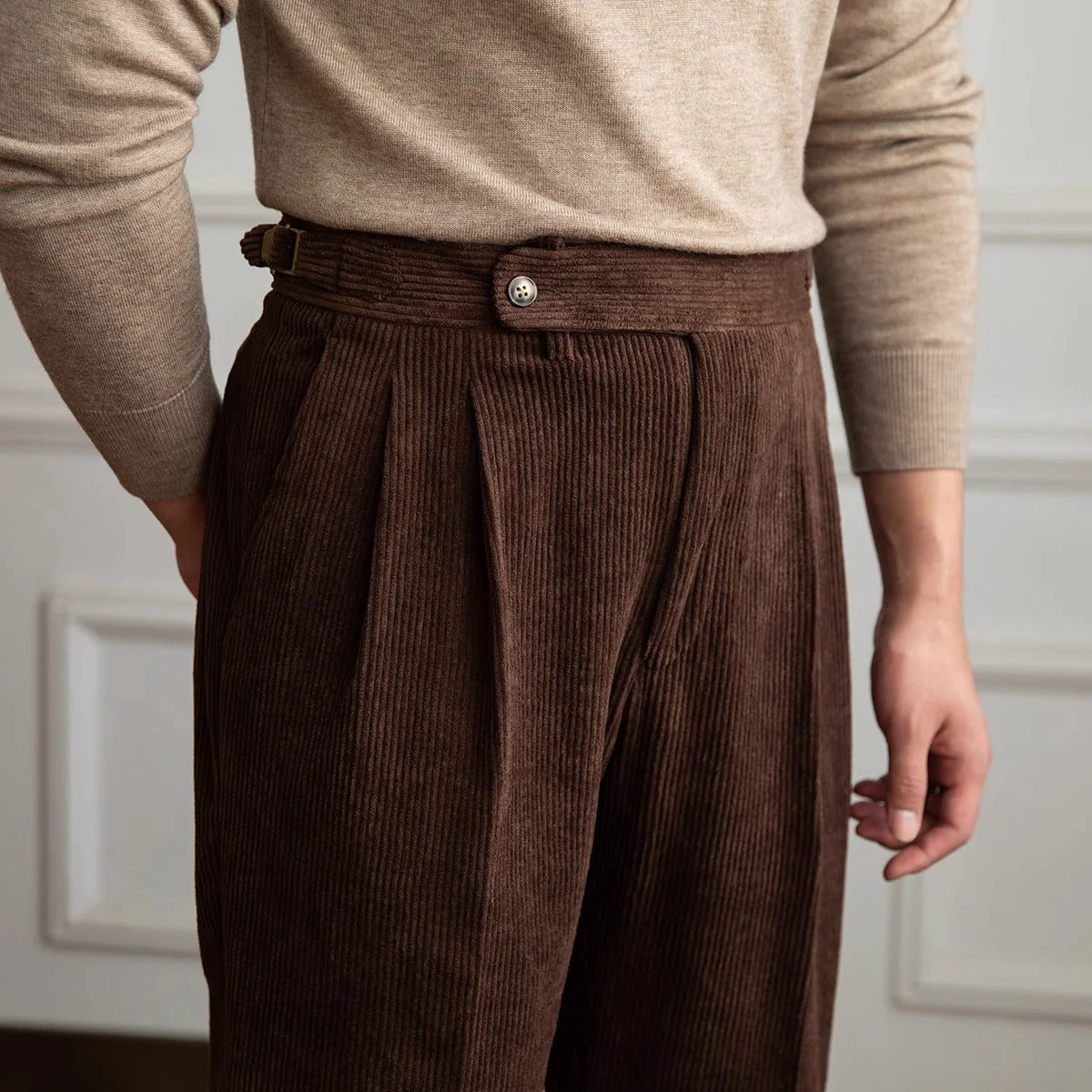Relaxed Fit Ribbed Pleated Trousers for Men – Smart Casual Comfort - Image 3