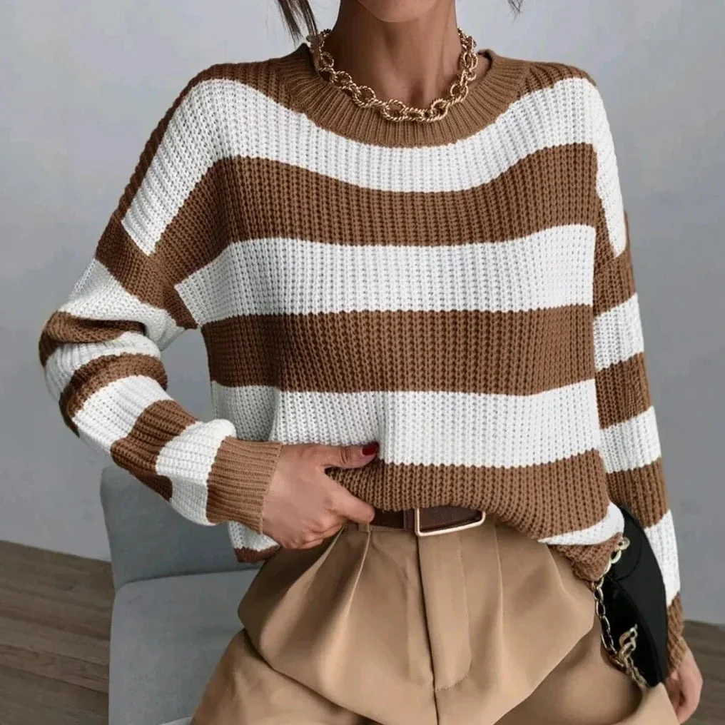 Relaxed Fit Striped Crewneck Sweater for Women – Cozy Casual Comfort