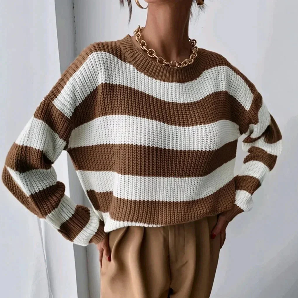 Relaxed Fit Striped Crewneck Sweater for Women – Cozy Casual Comfort - Image 2