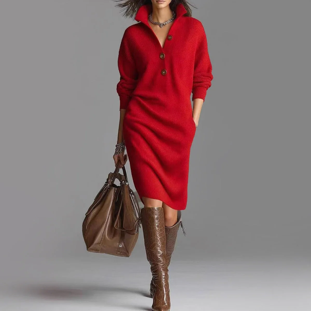 Slim Fit Ribbed Collared Midi-Length Sweater Dress for Women – Cozy & Stylish Design - Image 4